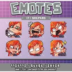 May include: Set of six digital emotes featuring a red-haired character with different expressions. The emotes are in a grid format and include expressions like surprised, crying, angry, and smiling. The text "(F) SHEPARD" is at the top of the image.
