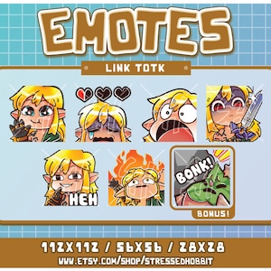 May include: A set of eight digital stickers featuring Link from The Legend of Zelda: Tears of the Kingdom. The stickers show Link with different expressions, including happy, sad, surprised, and angry. The stickers are available in three sizes: 112x112 pixels, 56x56 pixels, and 28x28 pixels.