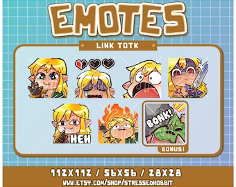 May include: A set of eight digital stickers featuring Link from The Legend of Zelda: Tears of the Kingdom. The stickers show Link with different expressions, including happy, sad, surprised, and angry. The stickers are available in three sizes: 112x112 pixels, 56x56 pixels, and 28x28 pixels.