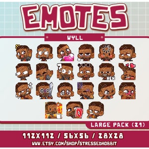 May include: A set of 21 digital cartoon emotes featuring a brown-skinned character with different expressions. The emotes are in a grid format and are labeled "WYLL" and "LARGE PACK (21)". The emotes are 112x112 pixels, 56x56 pixels, and 28x28 pixels.
