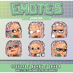 Puede incluir: Seis emoticonos de dibujos animados diferentes de un personaje llamado Jaheira. Los emoticonos están dispuestos en una cuadrícula de dos filas y tres columnas. Los emoticonos están todos en un estilo de dibujos animados y presentan diferentes expresiones. Los emoticonos miden 112x112 píxeles, 56x56 píxeles y 28x28 píxeles.