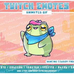 May include: Animated GIF of a green frog wearing a pink cowboy hat and blue bandana, dancing in a desert landscape. The text "DANCING COWBOY FROG" is below the frog. The text "TWITCH EMOTES" is at the top of the image.