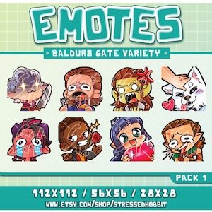 Puede incluir: Un conjunto de ocho ilustraciones digitales de personajes de la serie de videojuegos Baldur's Gate. Los personajes están representados en un estilo de dibujos animados con diversas expresiones. Las ilustraciones están disponibles en tres tamaños: 112x112 píxeles, 56x56 píxeles y 28x28 píxeles. Las ilustraciones están disponibles para su compra en Etsy en www.etsy.com/shop/stressedhobbit.