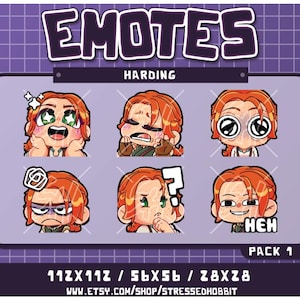 May include: A digital art print featuring six cartoon emotes of a character with red hair and freckles, each expressing a different emotion. The word "EMOTES" is at the top, with "HARDING" below it. The bottom of the image includes the text "PACK 1" and a website address.