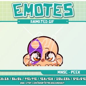 May include: Animated GIF of a cartoon character peeking from behind a wall. The character has a purple and white design on their head and is looking at the viewer with a surprised expression. The GIF is available in various sizes, including 28x28, 56x56, 112x112, 128x128, 256x256, and 512x512 pixels.