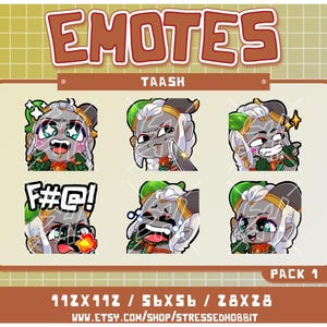 Puede incluir: Un conjunto de seis emoticonos digitales de dibujos animados que presentan un personaje de piel gris con cabello verde y un atuendo rojo y verde. Los emoticonos muestran diferentes expresiones, incluyendo sorpresa, enojo, felicidad y tristeza. El texto "F#@$!" está incluido en uno de los emoticonos. El texto "TAASH" está en la parte superior de la imagen. El texto "PACK 1" está en la parte inferior de la imagen. El texto "112X112 / 56X56 / 28X28" está en la parte inferior de la imagen. El texto "www.etsy.com/shop/stressedhobbit" está en la parte inferior de la imagen.