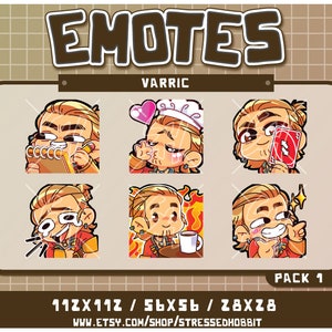 以下が含まれることがあります： 異なる表情をした漫画のキャラクターが描かれたデジタルステッカー9枚セット。キャラクターは茶髪でひげを生やした男性。ステッカーはグリッド形式で配置され、「Varric」と「Pack 1」とラベル付けされています。