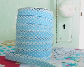 Baby Blue Polka Dot Double Fold Crochet Edge Bias Tape (No. 16).  Bias Tape by the yard.  Sewing Supplies.  Quilt Binding