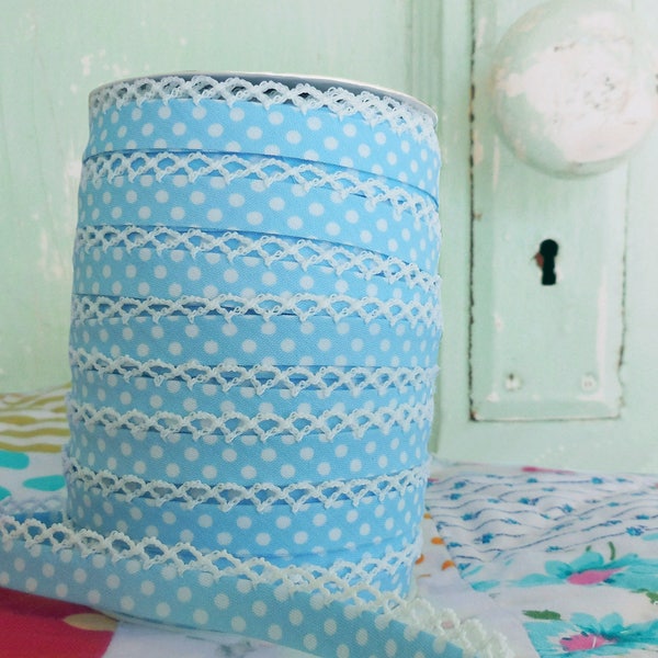 Baby Blue Polka Dot Double Fold Crochet Edge Bias Tape (No. 16).  Bias Tape by the yard.  Sewing Supplies.  Quilt Binding