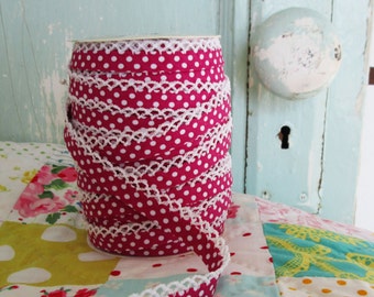 Raspberry Polka Dot Crochet Edge Double Fold Bias Tape (No. 21)