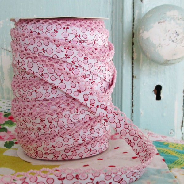 Pink Whimsy Crochet Edge Double Fold Bias Tape  (No. 75). Pink Fabric.  Pink Trim.  Pink Crochet Bias.  Pink Quilt Binding.