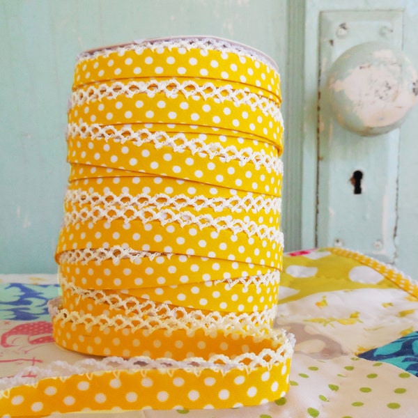 Yellow Polka Dot Crochet Edge Double Fold Bias Tape (No. 6) Quilt Supplies.  Fabric Supplies.  Sewing Supplies