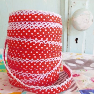 Red Polka Dot Crochet Bias Tape (No. 4).  Double Fold Bias Tape.  Sewing Supplies.