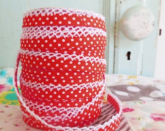 Red Polka Dot Crochet Bias Tape (No. 4).  Double Fold Bias Tape.  Sewing Supplies.