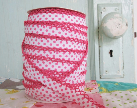 Fuchsia on White Polka Dot Crochet Edge Bias Tape (No. 203). Children's Clothing Sewing Supplies.  Double Fold quilt bias. Quilting supplies