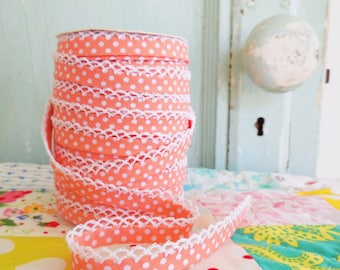 Coral Polka Dot Crochet Edge Bias Tape (No. 1) for Children&#39;s Clothing.  Double Fold Bias.  Sewing Supplies.