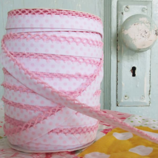 Light Pink Crochet Edge and Polka Dot on White Double Fold Bias Tape (No. 202)