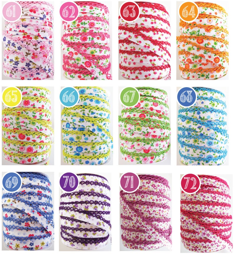 May include: Twelve spools of white ribbon with a floral print and a lace trim. The ribbon is in various colours, including pink, red, orange, yellow, green, blue, purple, and white.
