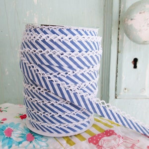 May include: A spool of blue and white striped ribbon with white crochet trim. The ribbon is wound around a cardboard spool.