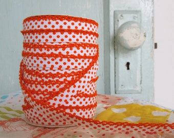 Orange on White Polka Dot Double Fold Crochet Edge Bias Tape (No. 205)