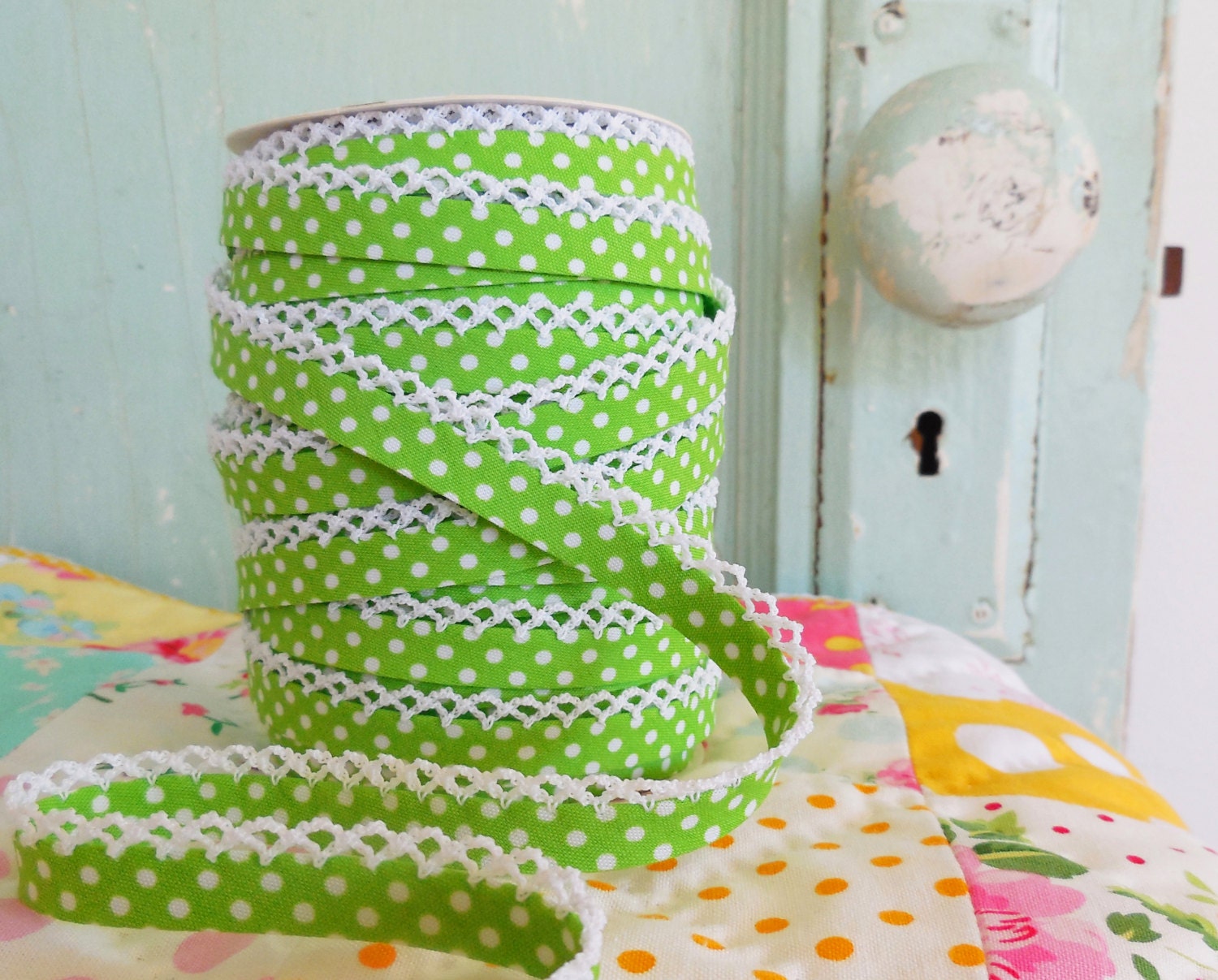 Lime Green Polka Dot Crochet Edge Bias Tape no. 8. Sewing Etsy