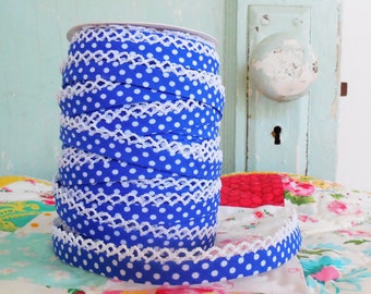 Royal Blue Polka Dot Crochet Bias Tape (No. 11).  Sewing Supplies.  No Need for a Bias Tape Maker.  Bias Tape by the Yard.  Quilt Binding.