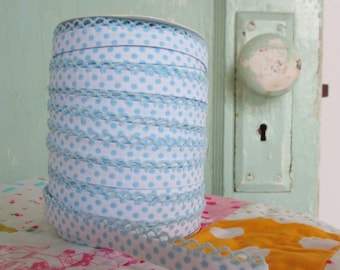 Baby Blue on White Polka Dot Double Fold Crochet Edge Bias Tape (No. 216)