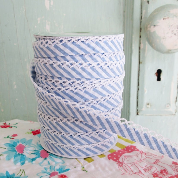 Sky Blue Stripe Crochet Edge Bias Tape (No. 110). Quilt Binding. Craft Supplies. Sewing Supplies. Stripe Fabric.  Striped Quilt Binding