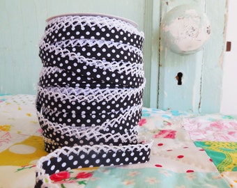 Black Polka Dot Crochet Edge Double Fold Bias Tape (No. 14)