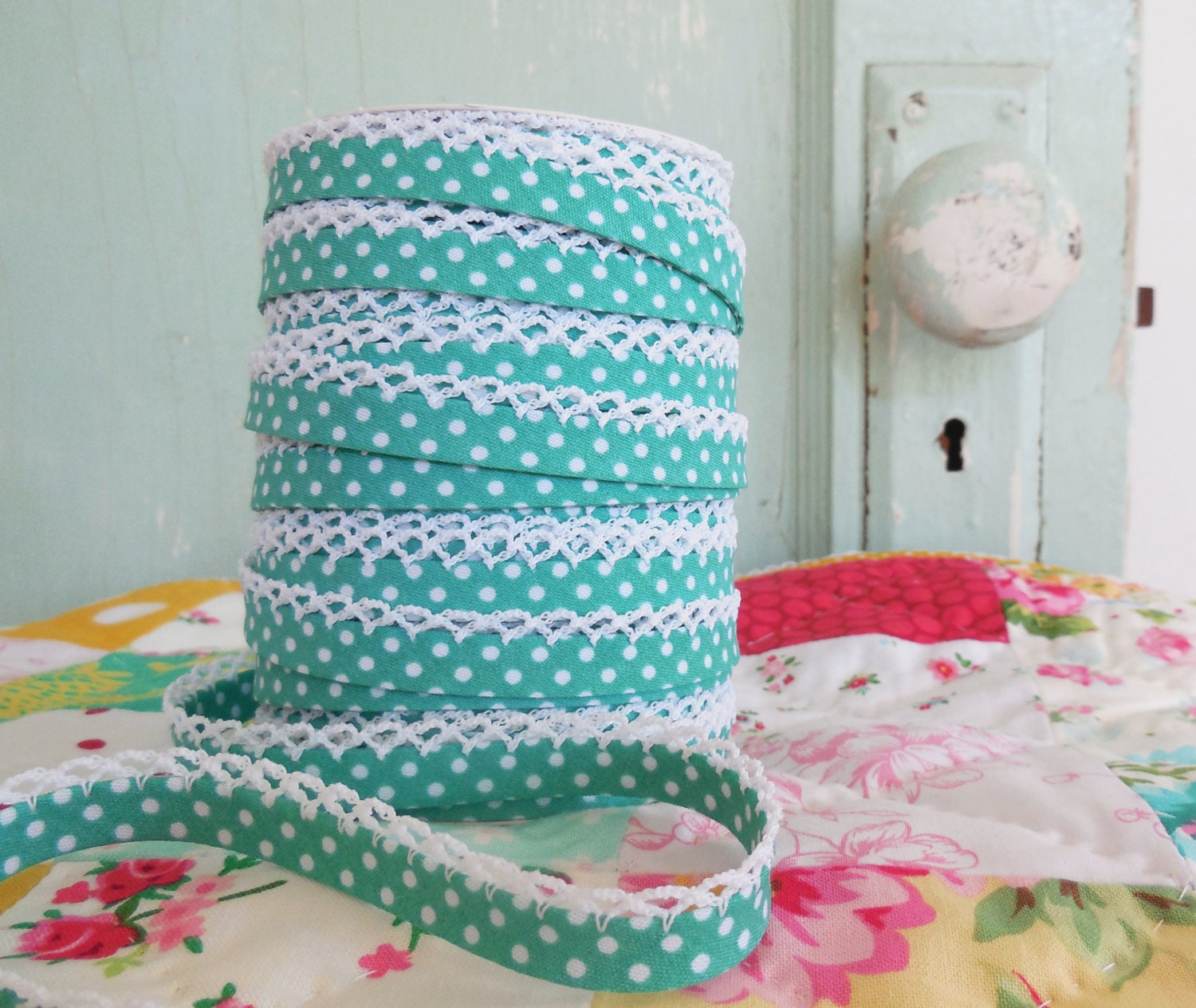 Seafoam Green Polka Dot Crochet Bias Tape (No. 7).  Double Fold Bias …