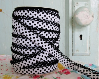 Black on White Polka Dot Crochet Bias Tape (No. 214).  Sewing Supplies.  Quilt Binding.  Children's Clothing Supplies.  Craft Supplies.