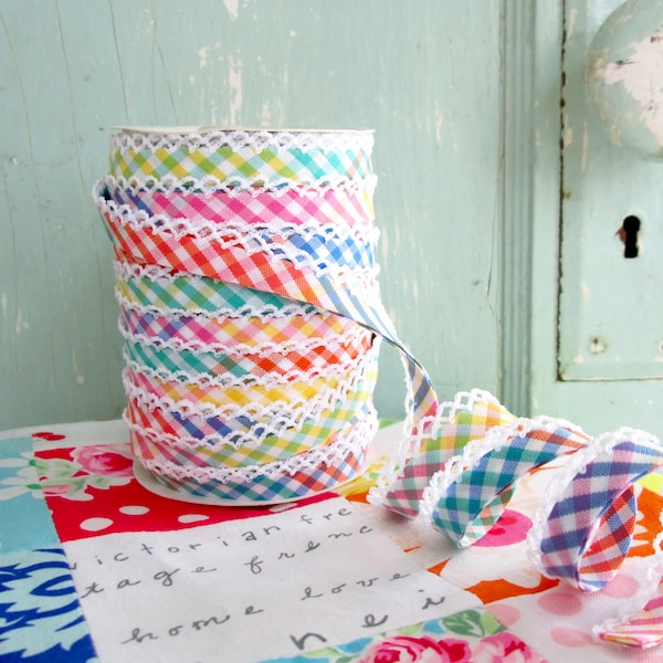 Multicolored Gingham Crochet Edge Bias Tape (No. 94). Rainbow. Gingham Fabric.   Spring. Multicolored. Bias Tape.