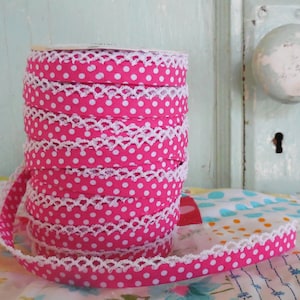 Fuchsia Polka Dot Crochet Bias Tape (No. 3).  Vintagedoor.  Quilt Binding.  Sewing Supplies.  Double Fold Bias Tape.  No bias maker.