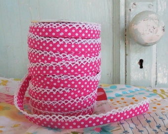 Fuchsia Polka Dot Crochet Bias Tape (No. 3).  Vintagedoor.  Quilt Binding.  Sewing Supplies.  Double Fold Bias Tape.  No bias maker.