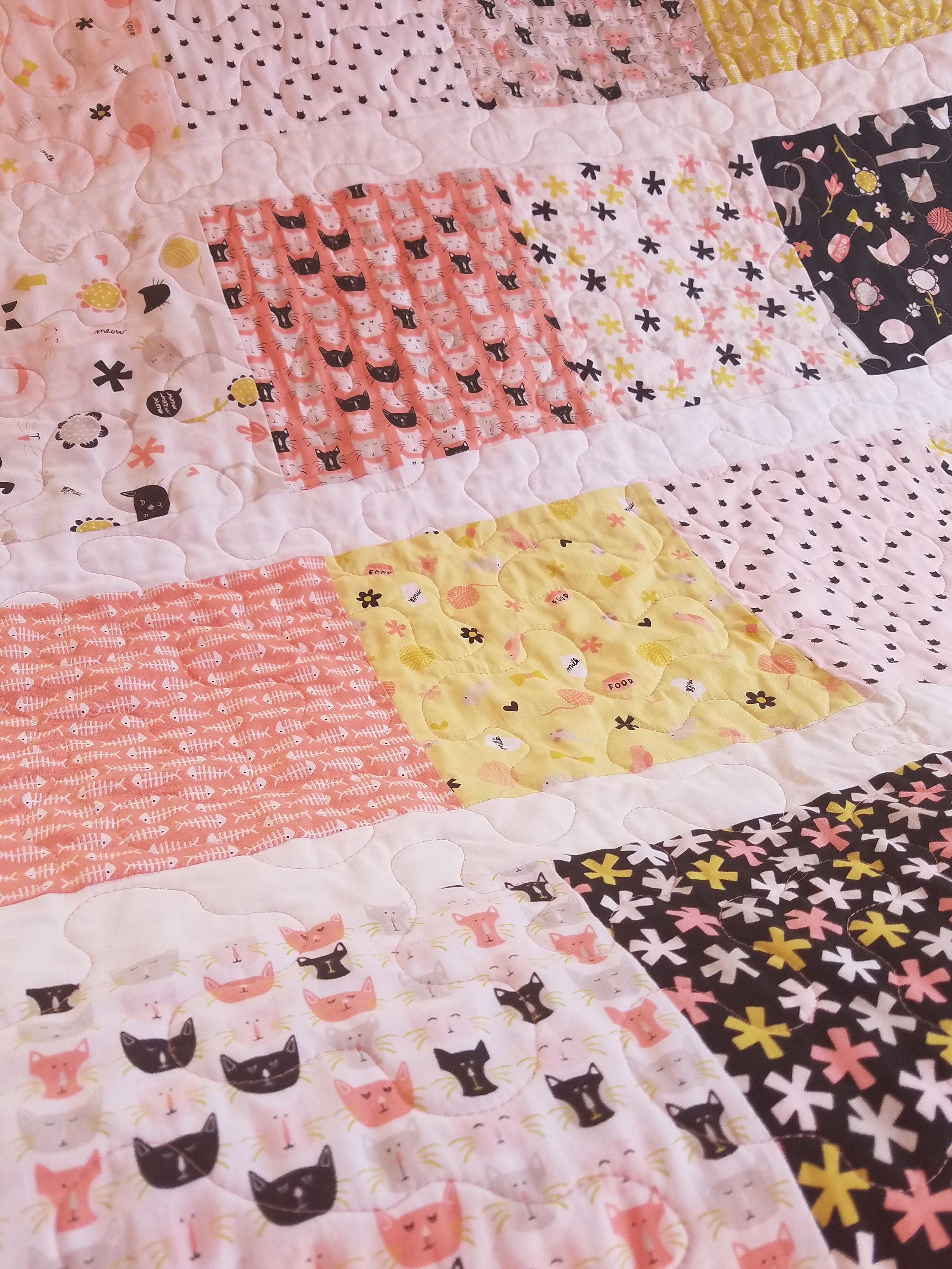 Coral and Grey Crib Quilt, Baby Quilts Handmade, Modern Baby Quilt, Cat
