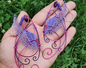 Wings Dark Pink and Purple Ear Cuff, Cosplay, Ear Cuff, Clip On Earring, Wood Elf, Fairies, Fantasy Wedding,