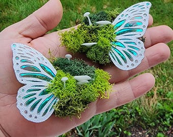 Silver color Butterfly Moss and Glow in the Dark Mushrooms Hair Clips, Glow Mushroom Barret,  Cottage Core