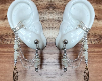 Mondstein Ohrstecker zu Manschette – Edelstahl, versilberte Ketten – skurriler Schmuck für jeden Tag