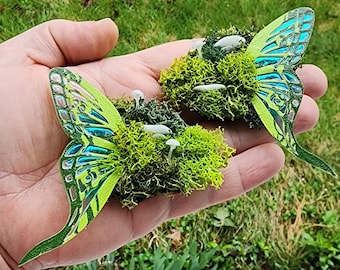 Green Luna Moth Moss and Glow in the Dark Mushrooms Hair Clips, Glow Mushroom Barret,  Cottage Core