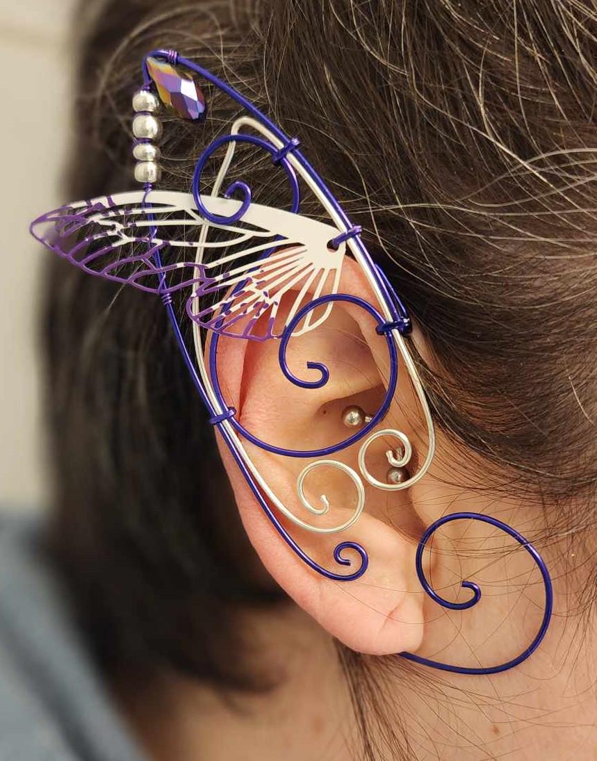 Black Metal Elf Ears W/ Purple & Butterfly Accent Wire Elf Ears Ear Cuffs - Pair Ear Wraps - Pixie Fairy Bat  main image 3