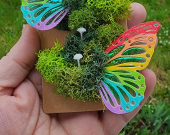 Rainbow color Butterfly Moss and Glow in the Dark Mushrooms Hair Clips, Glow Mushroom Barret,  Cottage Core