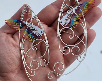 Rainbow Wings Silver Ear Cuffs: Fairy Cosplay Clip On Earrings