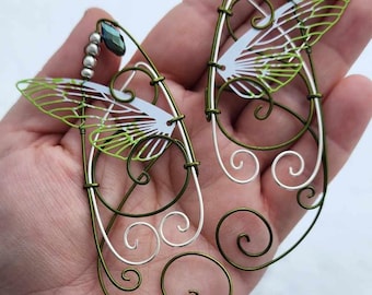 Olive Green Butterfly Wing Elf Ear Cuffs: Silver Cosplay Ear Clip Set