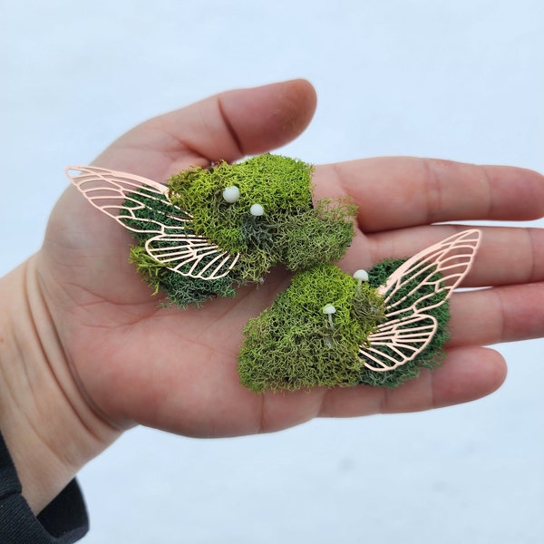 Copper Fairy Wings Moss and Mushrooms Hair Clips, Wings Barret