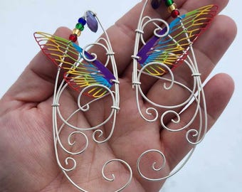 Rainbow Butterfly Wing Elf Ear Cuffs: Silver Cosplay Clip-On Earrings