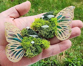 Gold color Butterfly Moss and Glow in the Dark Mushrooms Hair Clips, Glow Mushroom Barret,  Cottage Core