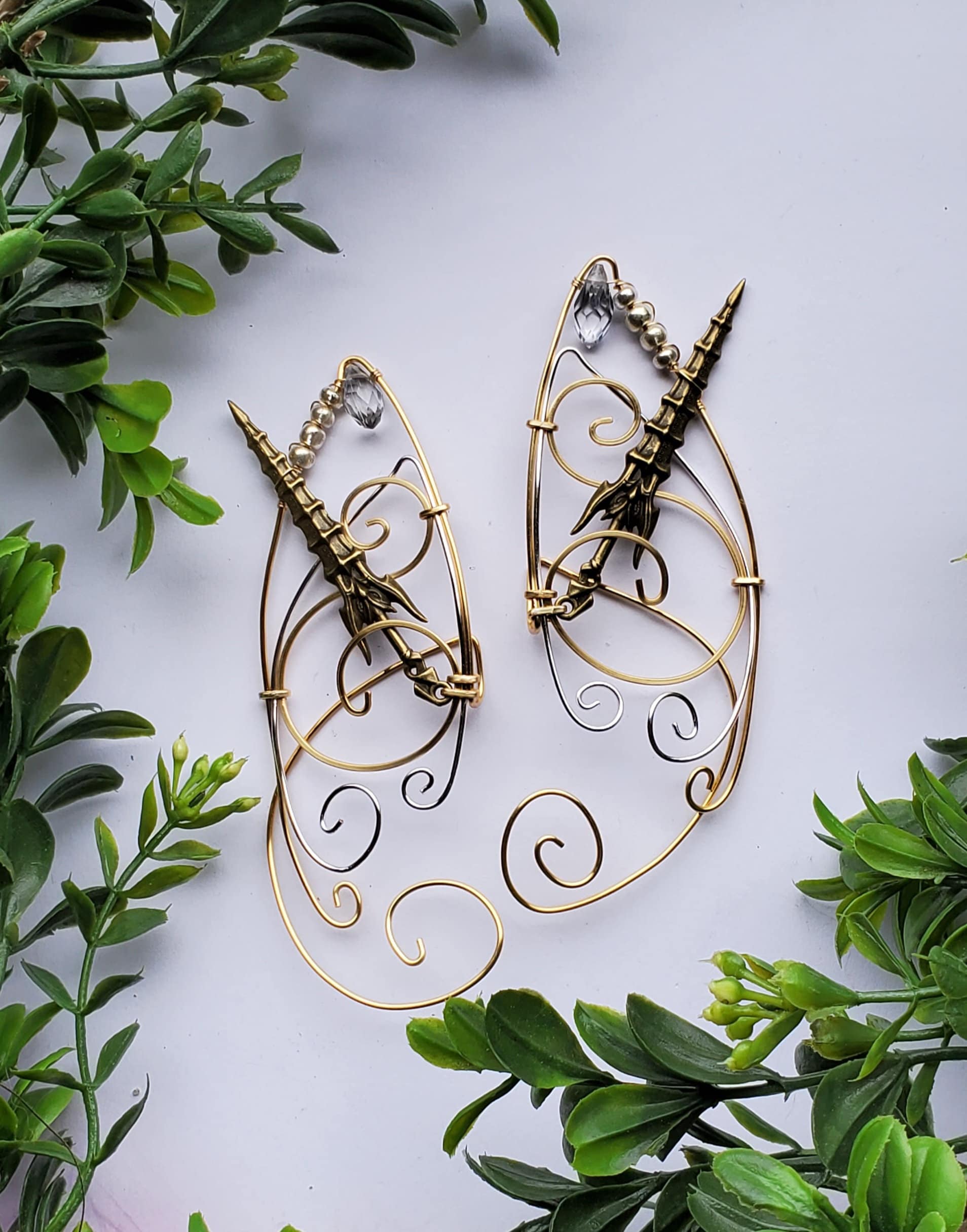 Owl Sword Elf Ear Cuffs: Brass & Silver Cosplay Clip On Earrings