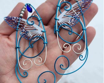 Blue Butterfly Wing Elf Ear Cuffs: Fantasy Cosplay Clip On Earrings