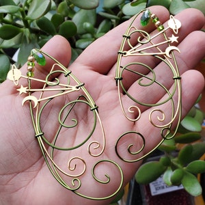 Planet, Moon and Stars Light Green and Gold Color, Cosplay, Ear Cuff, Clip On Earring, Wood Elf, Fairies, Fantasy Wedding,