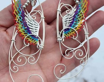 Rainbow Valkyrie Wing Elf Ear Cuffs: Silver Cosplay Clip On Earrings